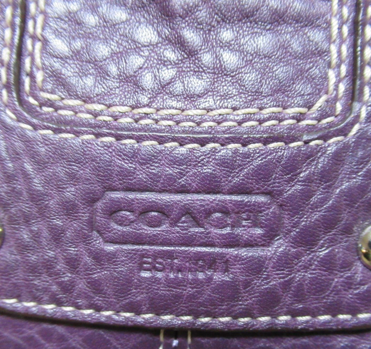Coach Hampton purple pebbled leather handbag with cream stitching and silver-tone turn-lock, view 4