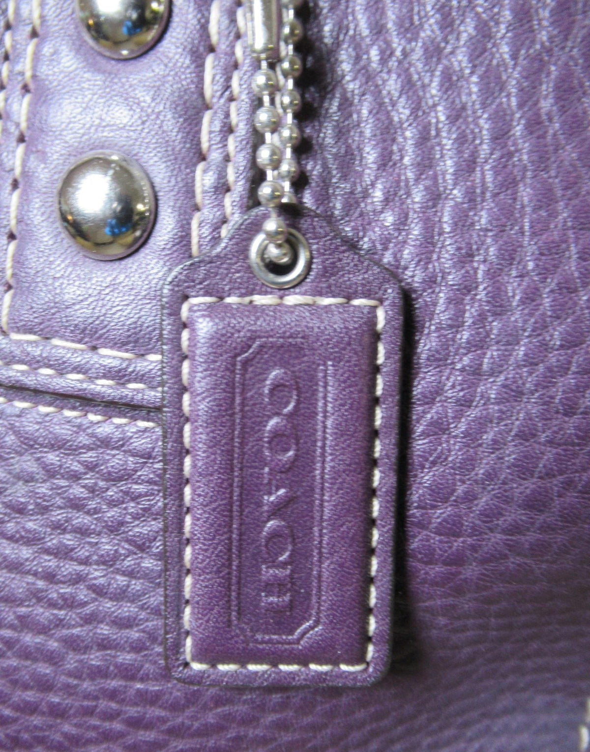 Coach Hampton purple pebbled leather handbag with cream stitching and silver-tone turn-lock, view 5