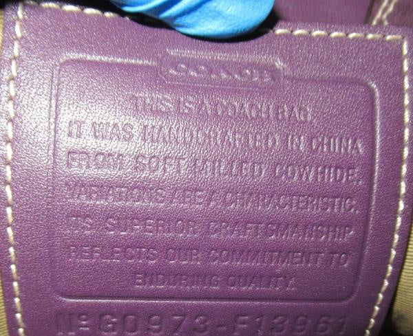 Coach Hampton purple pebbled leather handbag with cream stitching and silver-tone turn-lock, view 9