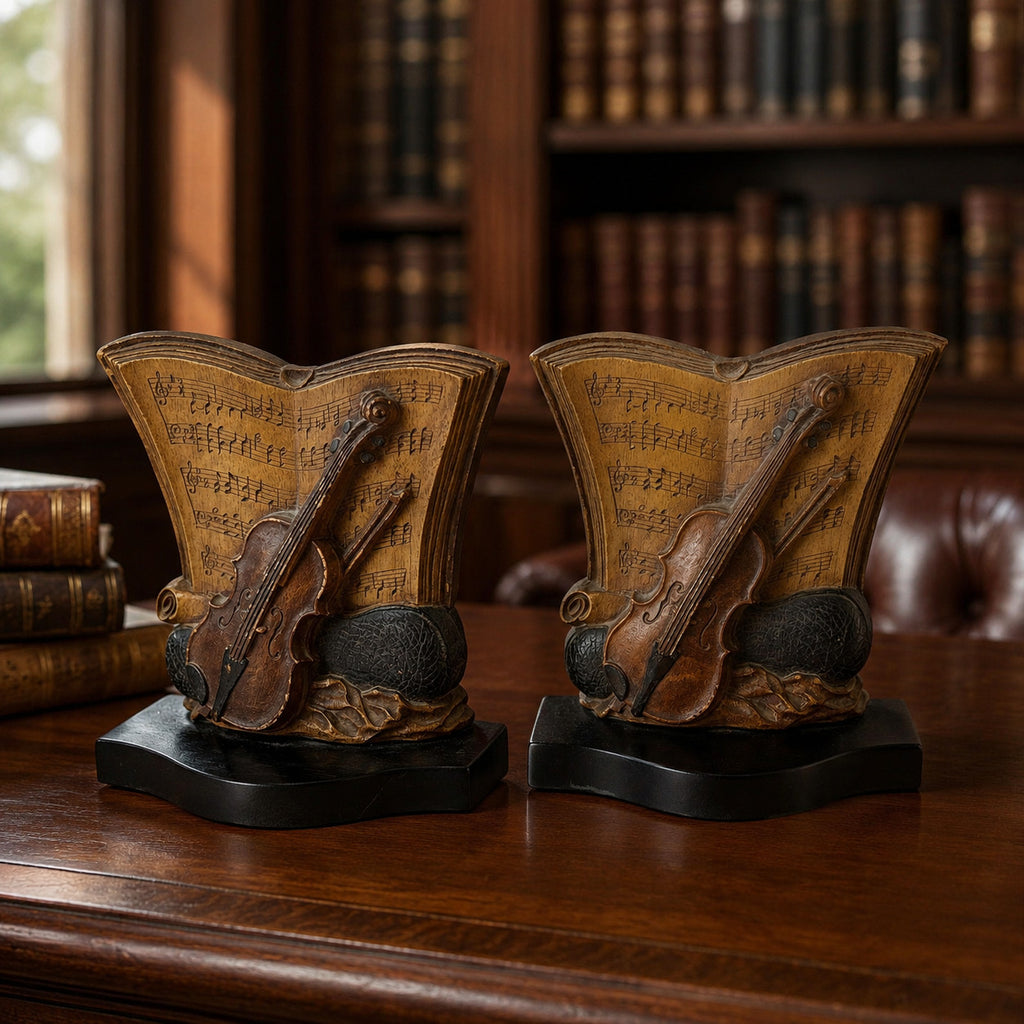 Syroco Violin and Sheet Music Brown Bookends Pair