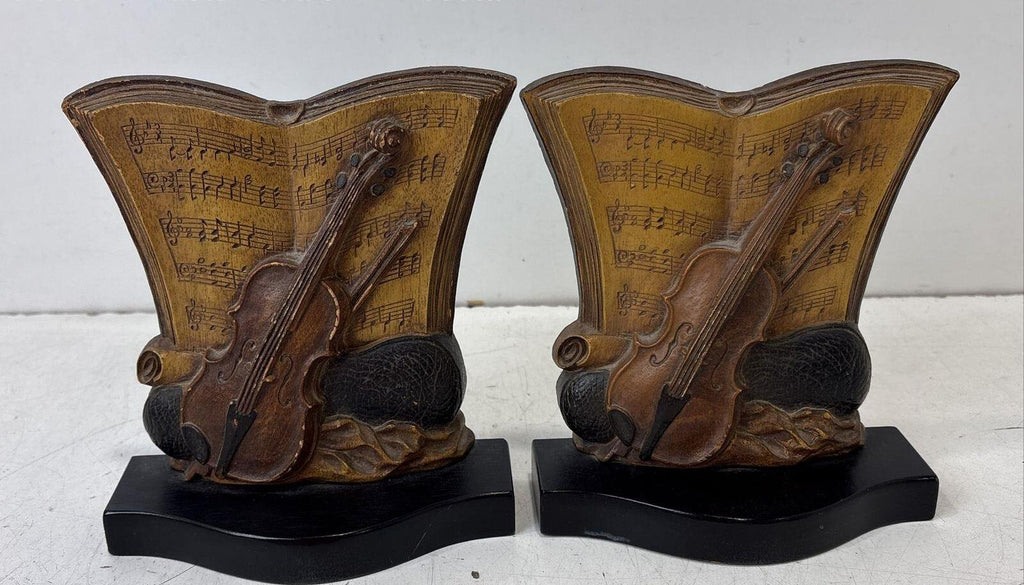 Syroco Violin and Sheet Music Brown Bookends Pair