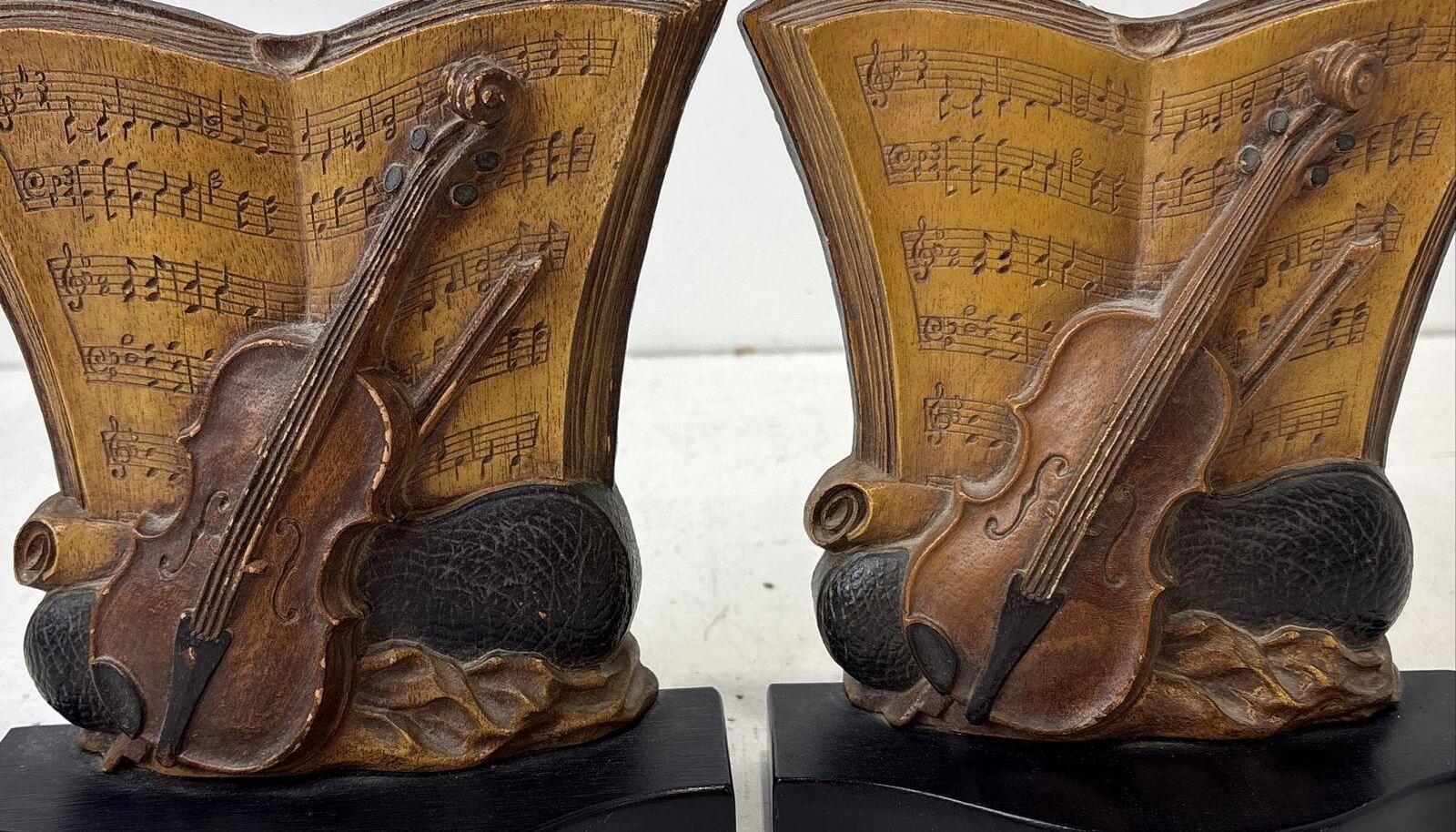 Syroco Violin and Sheet Music Brown Bookends Pair