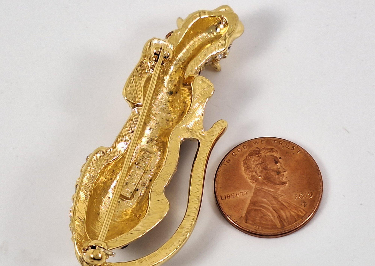 Gold-tone leopard brooch with black cabochon and rhinestones, view 6