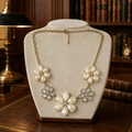 Gold Tone Icy Faux Pearl Flower Statement Necklace 42.3g