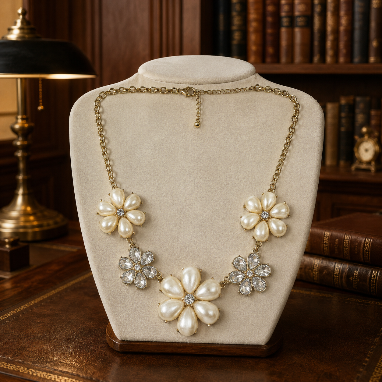 Gold Tone Icy Faux Pearl Flower Statement Necklace 42.3g