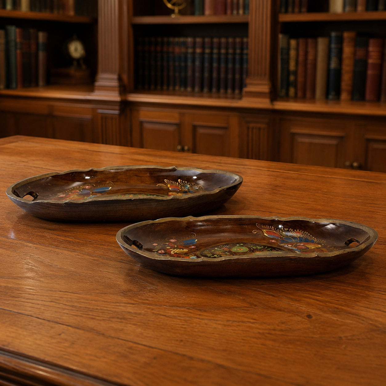 Floral Wooden Serving Trays Scalloped Handles Pair