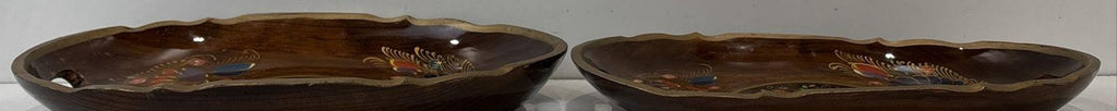 Floral Wooden Serving Trays Scalloped Handles Pair