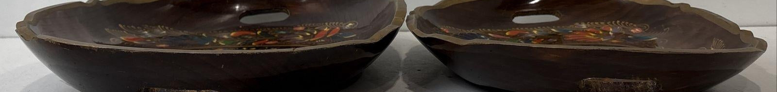 Floral Wooden Serving Trays Scalloped Handles Pair
