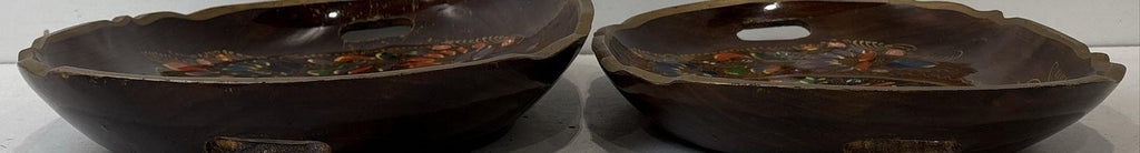Floral Wooden Serving Trays Scalloped Handles Pair