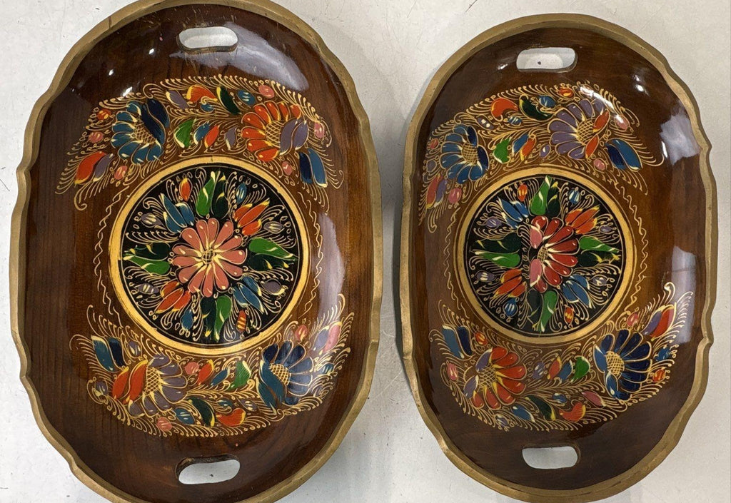 Floral Wooden Serving Trays Scalloped Handles Pair