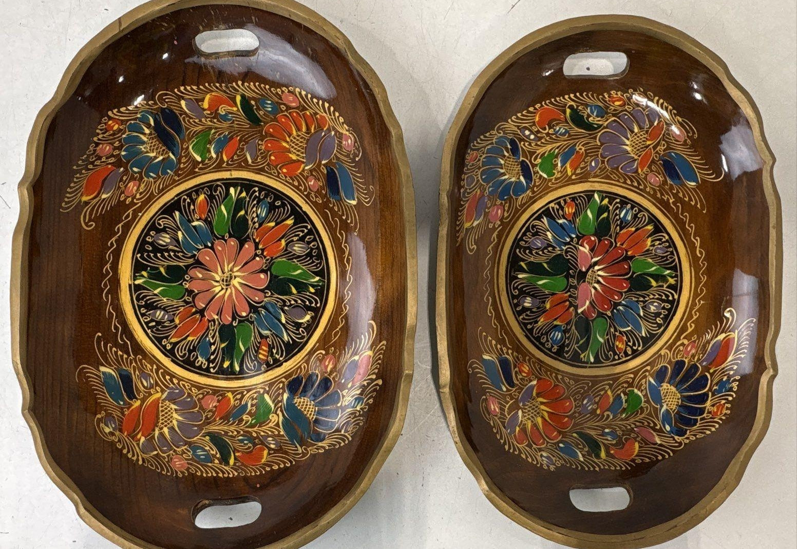 Floral Wooden Serving Trays Scalloped Handles Pair