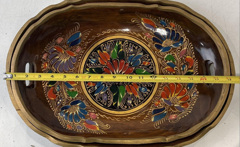 Floral Wooden Serving Trays Scalloped Handles Pair