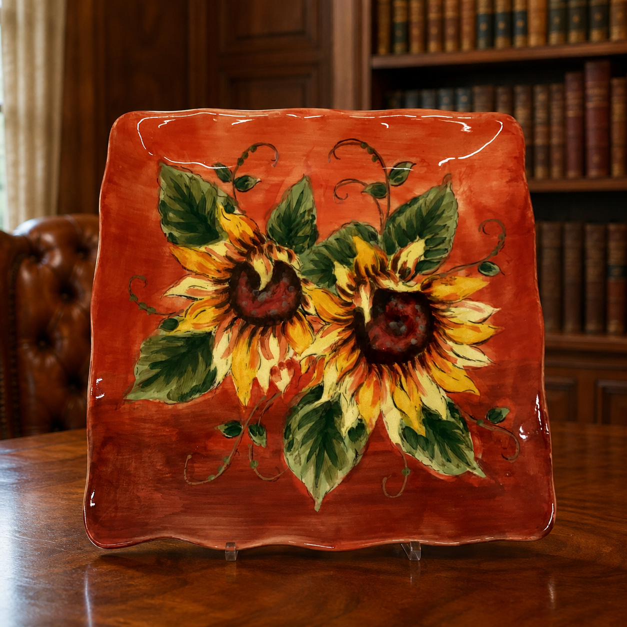 Hand Painted Sunflower Ceramic Square Platter Scalloped Rim