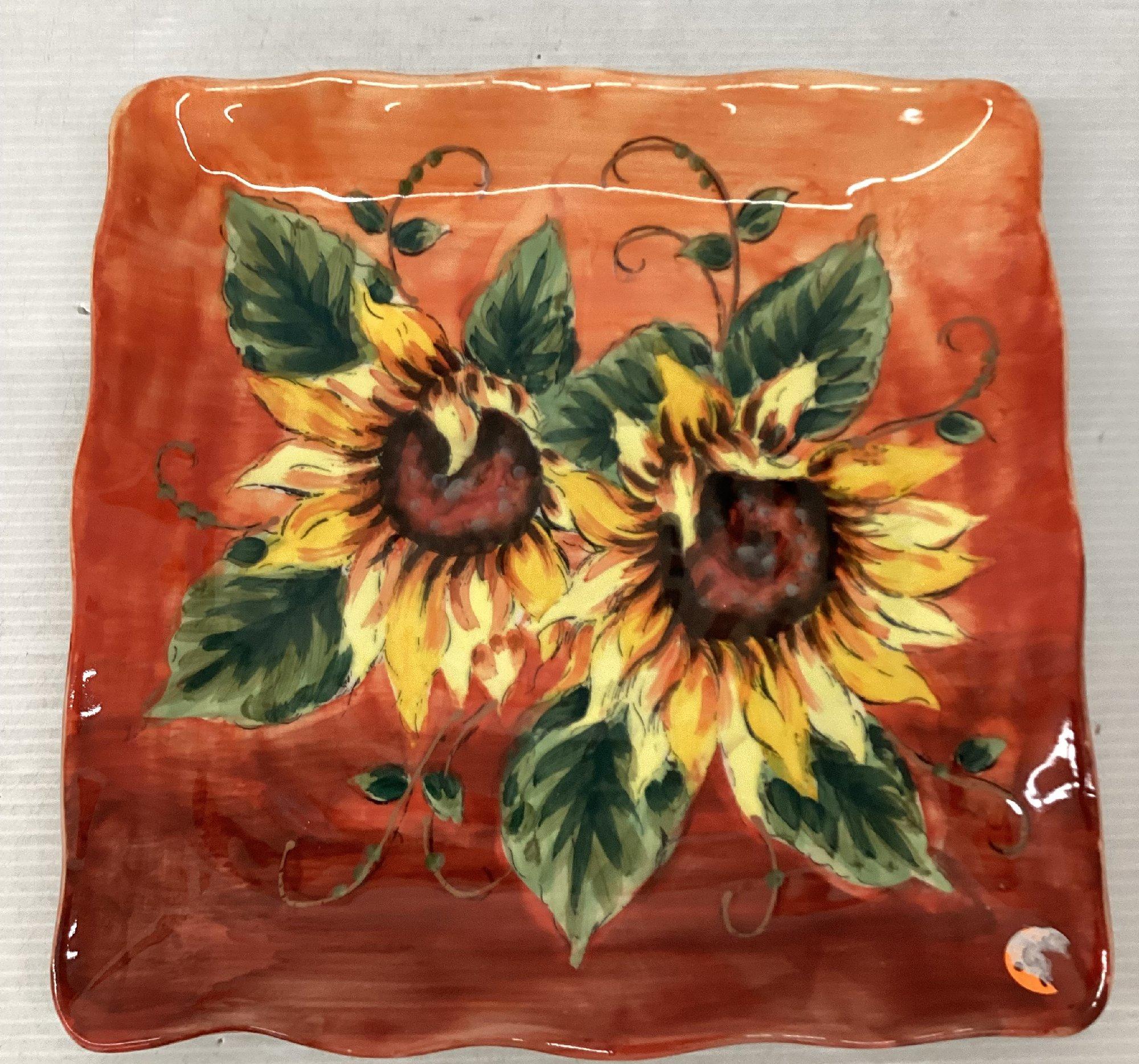 Hand Painted Sunflower Ceramic Square Platter Scalloped Rim
