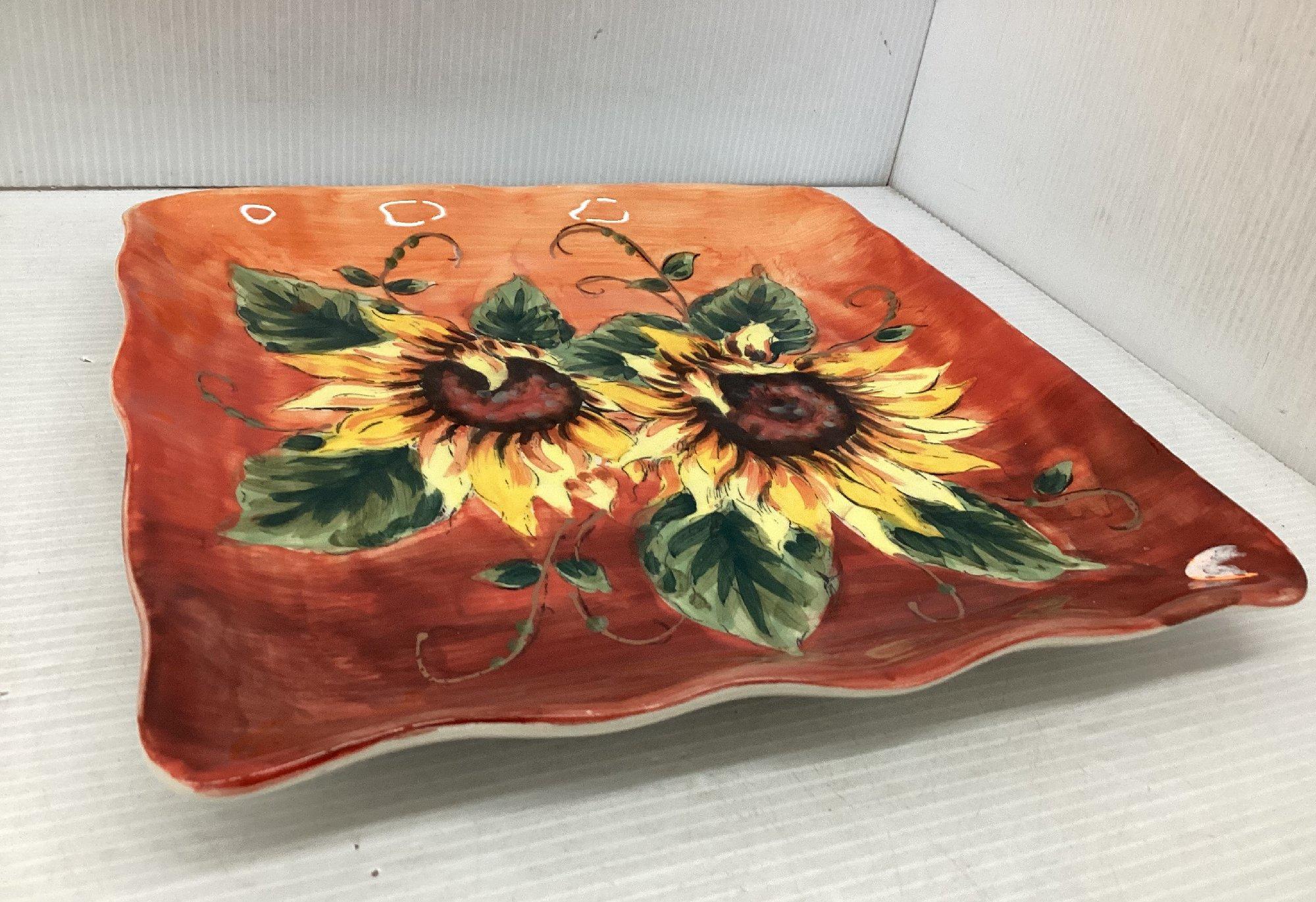 Hand Painted Sunflower Ceramic Square Platter Scalloped Rim