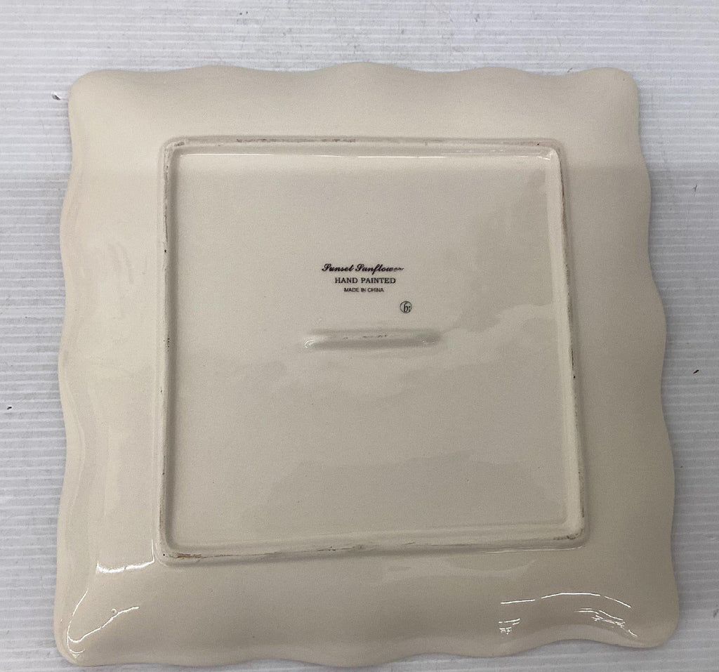 Hand Painted Sunflower Ceramic Square Platter Scalloped Rim