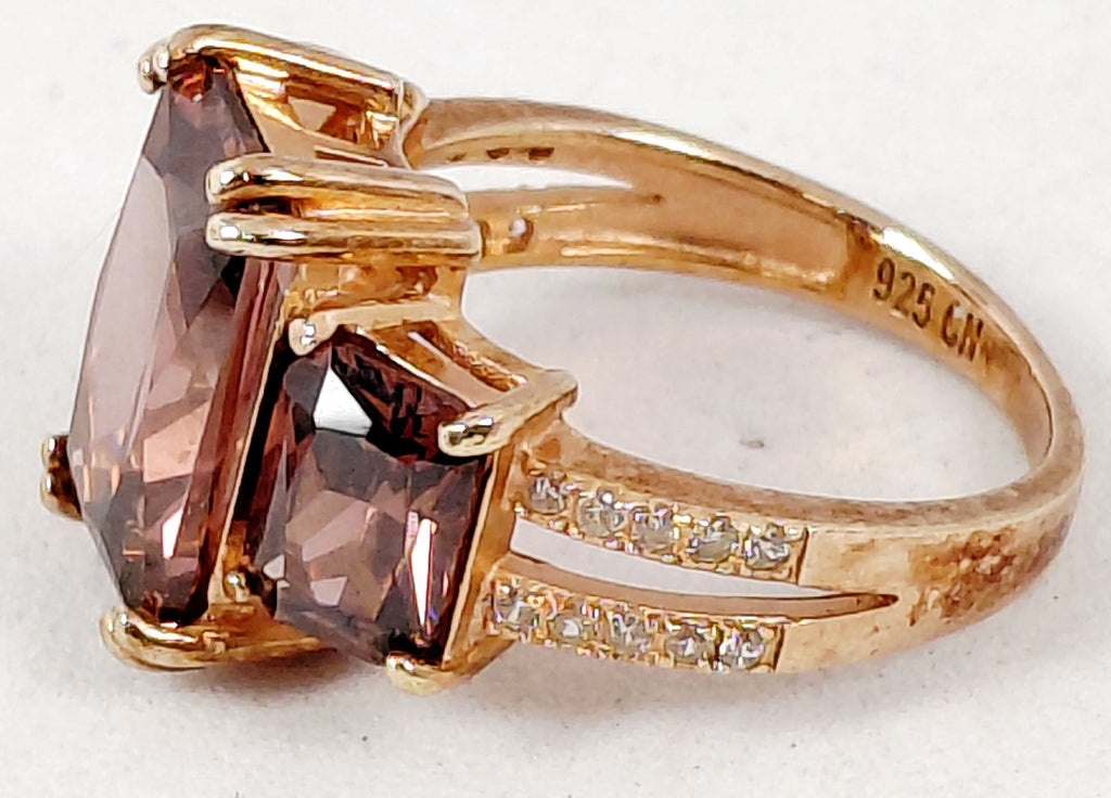 RZN 925 Gold Washed Dusty Rose CZ Trilogy Ring Size 6