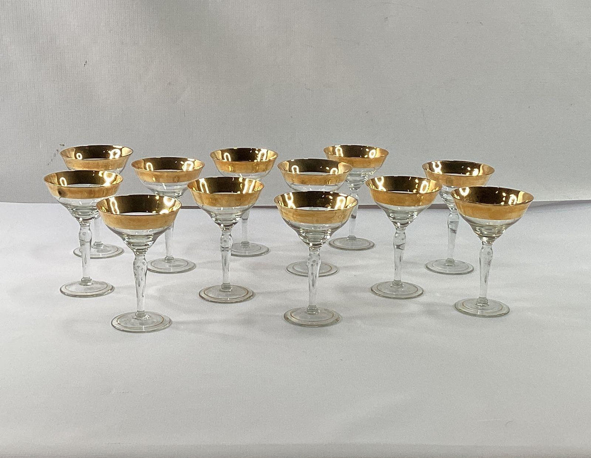 Vintage Gold Band Rim Champagne Coupes 12 Piece Set Sherbet Glasses 4.25 Inch