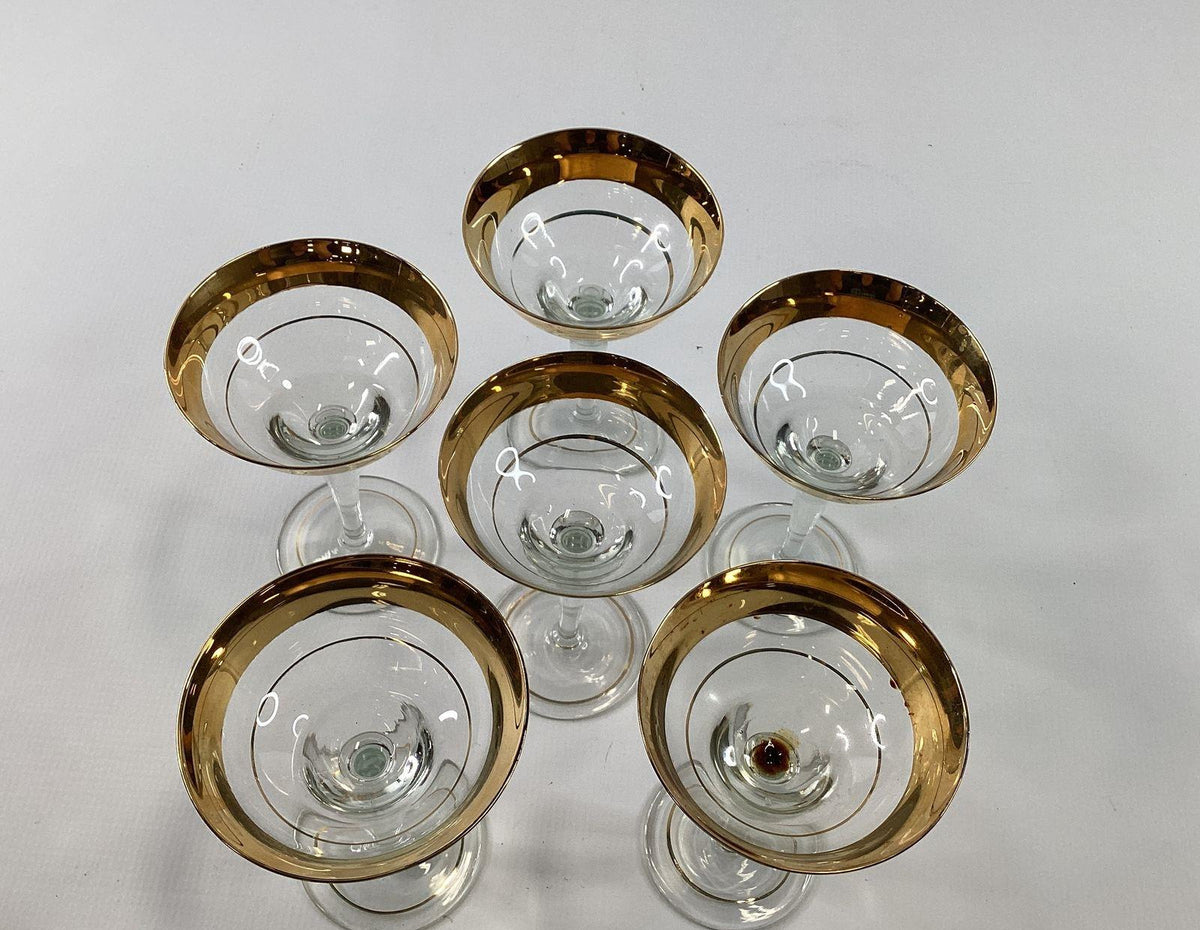 Vintage Gold Band Rim Champagne Coupes 12 Piece Set Sherbet Glasses 4.25 Inch