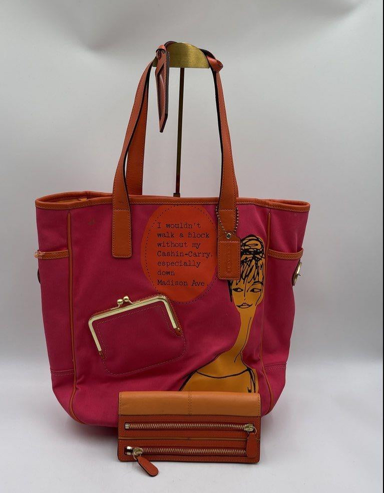 Coach fuchsia and orange canvas shopper tote with leather trim, view 2