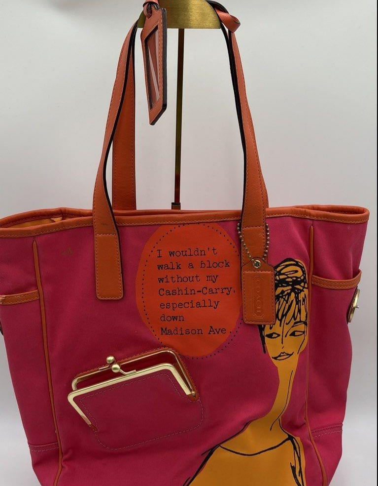 Coach fuchsia and orange canvas shopper tote with leather trim, view 7