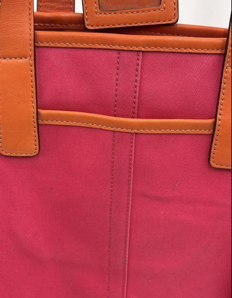 Coach fuchsia and orange canvas shopper tote with leather trim, view 9