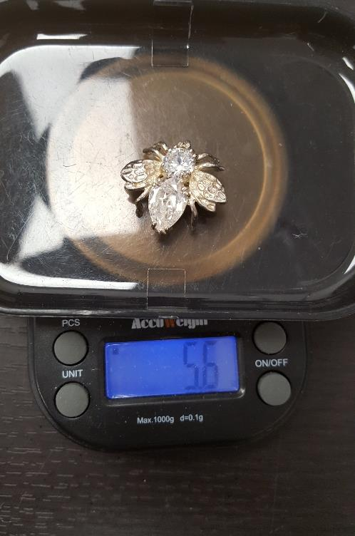 925 Silver Rhinestone Bee Brooch Pendant 7/8 Inch 5.6g