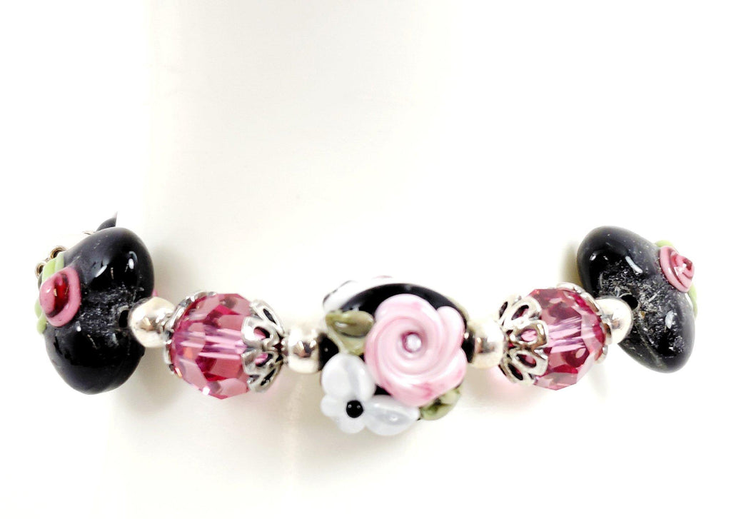 925 Silver, Faux Pearls, Crystals & Floral Art Glass Toggle Bracelet