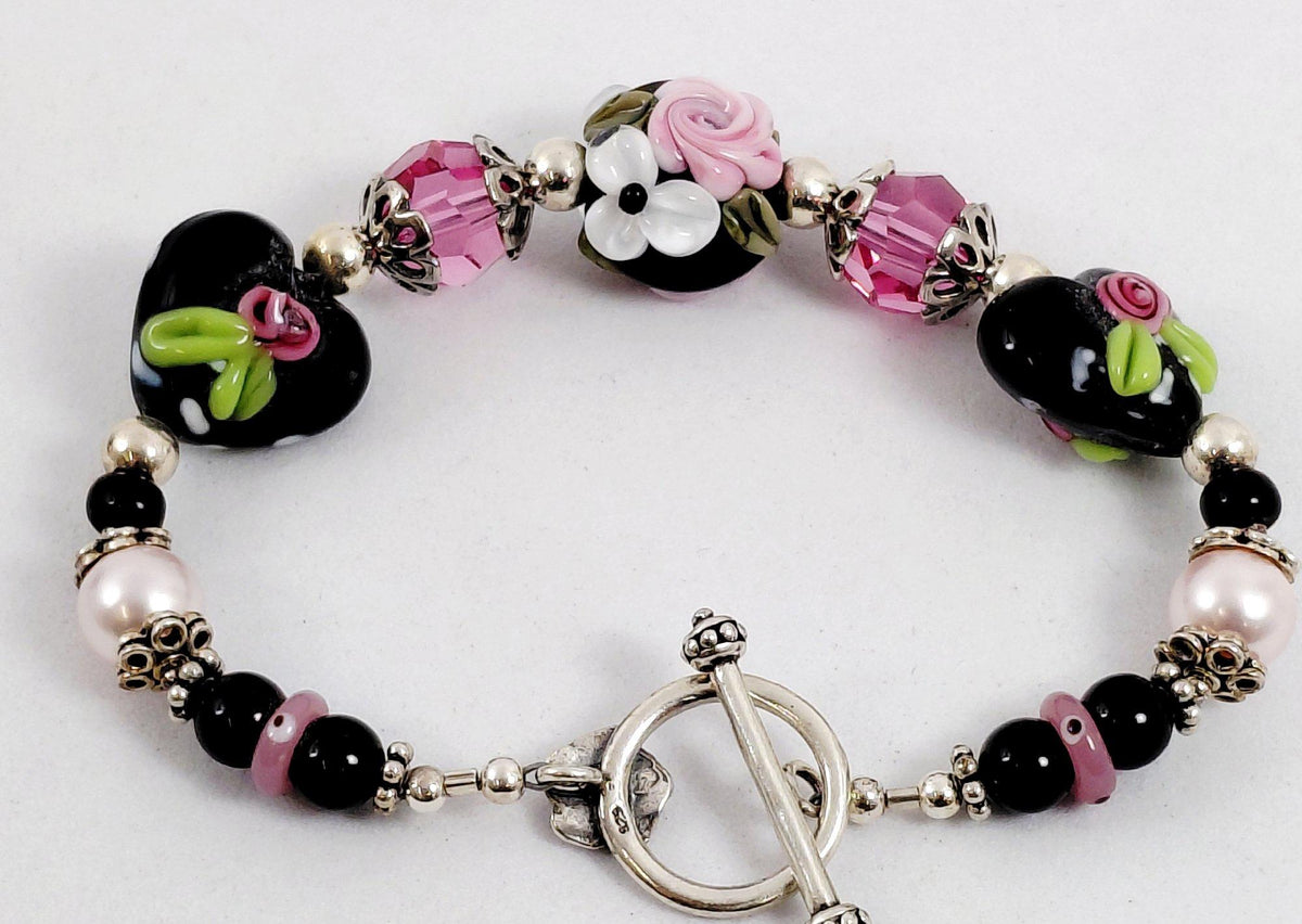 925 Silver, Faux Pearls, Crystals & Floral Art Glass Toggle Bracelet