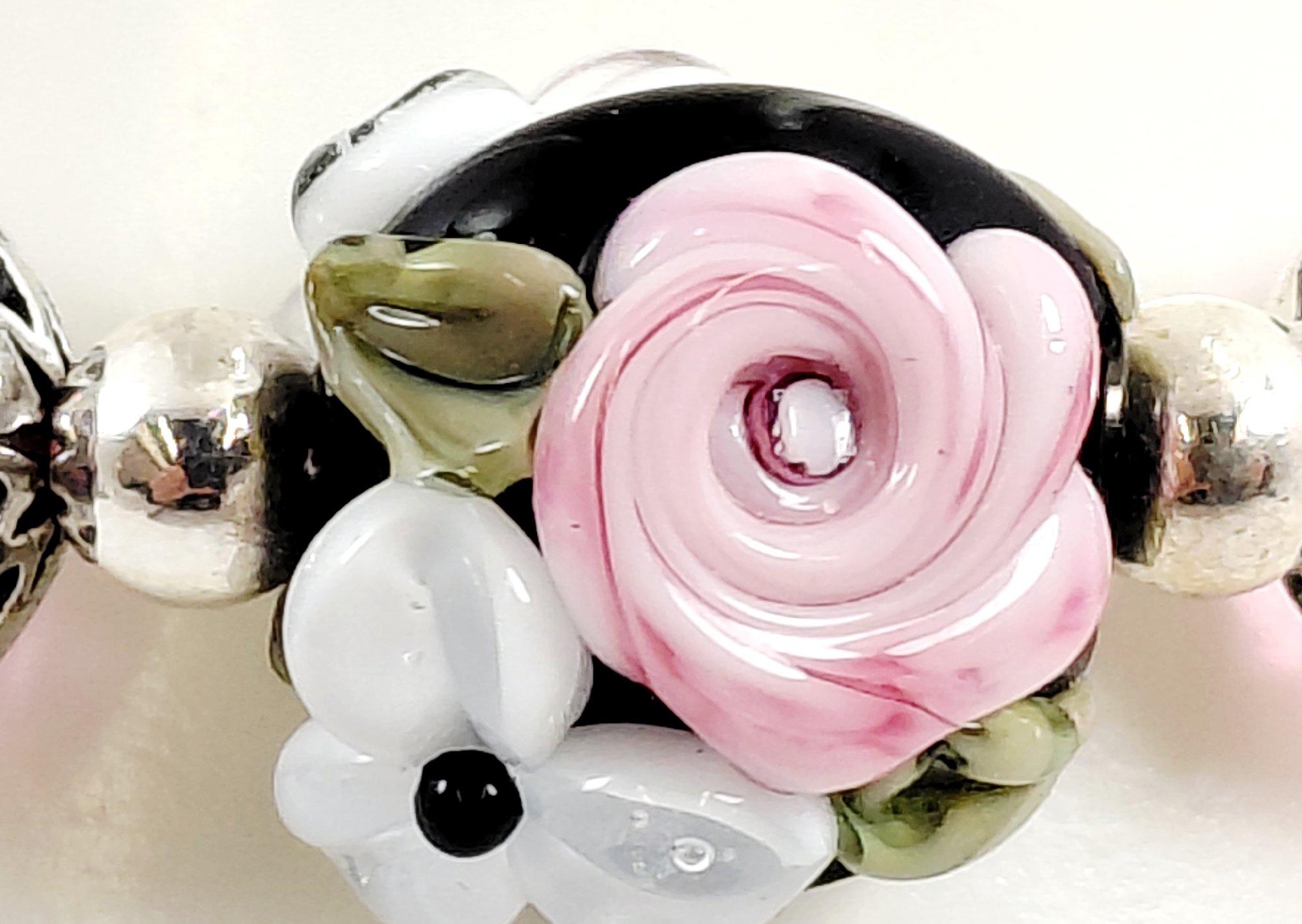 925 Silver, Faux Pearls, Crystals & Floral Art Glass Toggle Bracelet