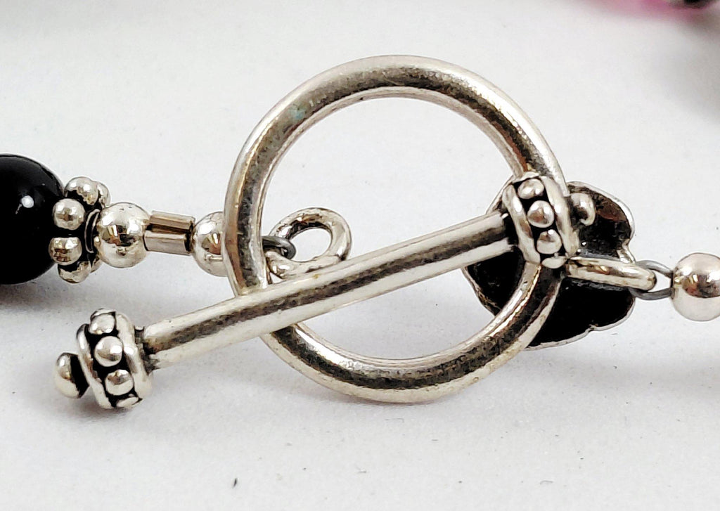 925 Silver, Faux Pearls, Crystals & Floral Art Glass Toggle Bracelet