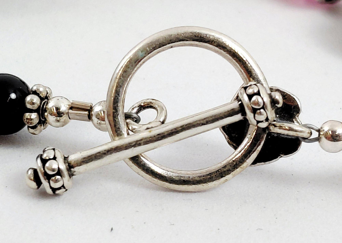 925 Silver, Faux Pearls, Crystals & Floral Art Glass Toggle Bracelet
