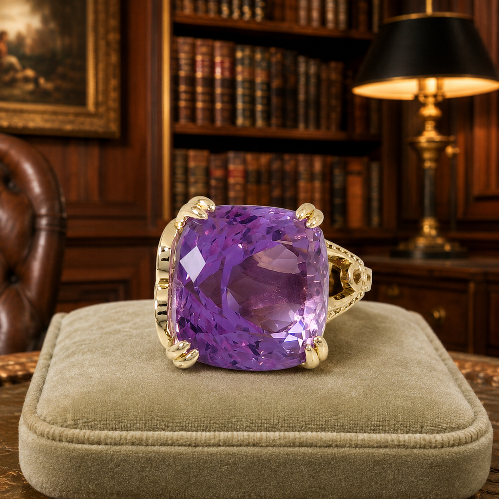 Gold Tone Purple Cushion Crystal Floral Adjustable Statement Ring
