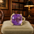 Gold Tone Purple Cushion Crystal Floral Adjustable Statement Ring