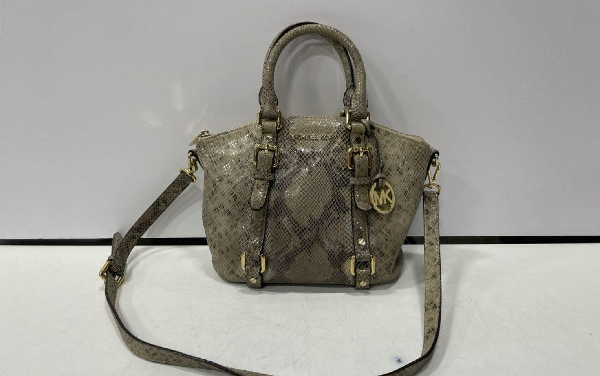 Michael Kors taupe and gray python print satchel with rolled handles and shoulder strap, view 2