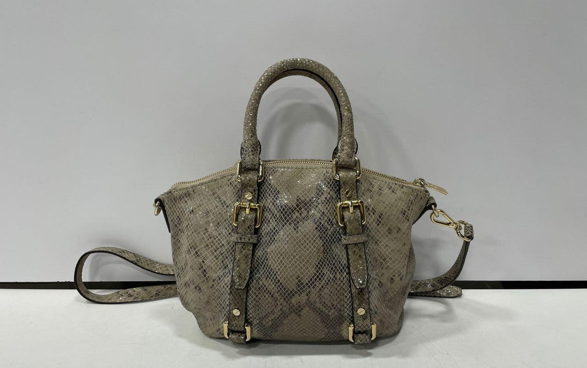 Michael Kors taupe and gray python print satchel with rolled handles and shoulder strap, view 3