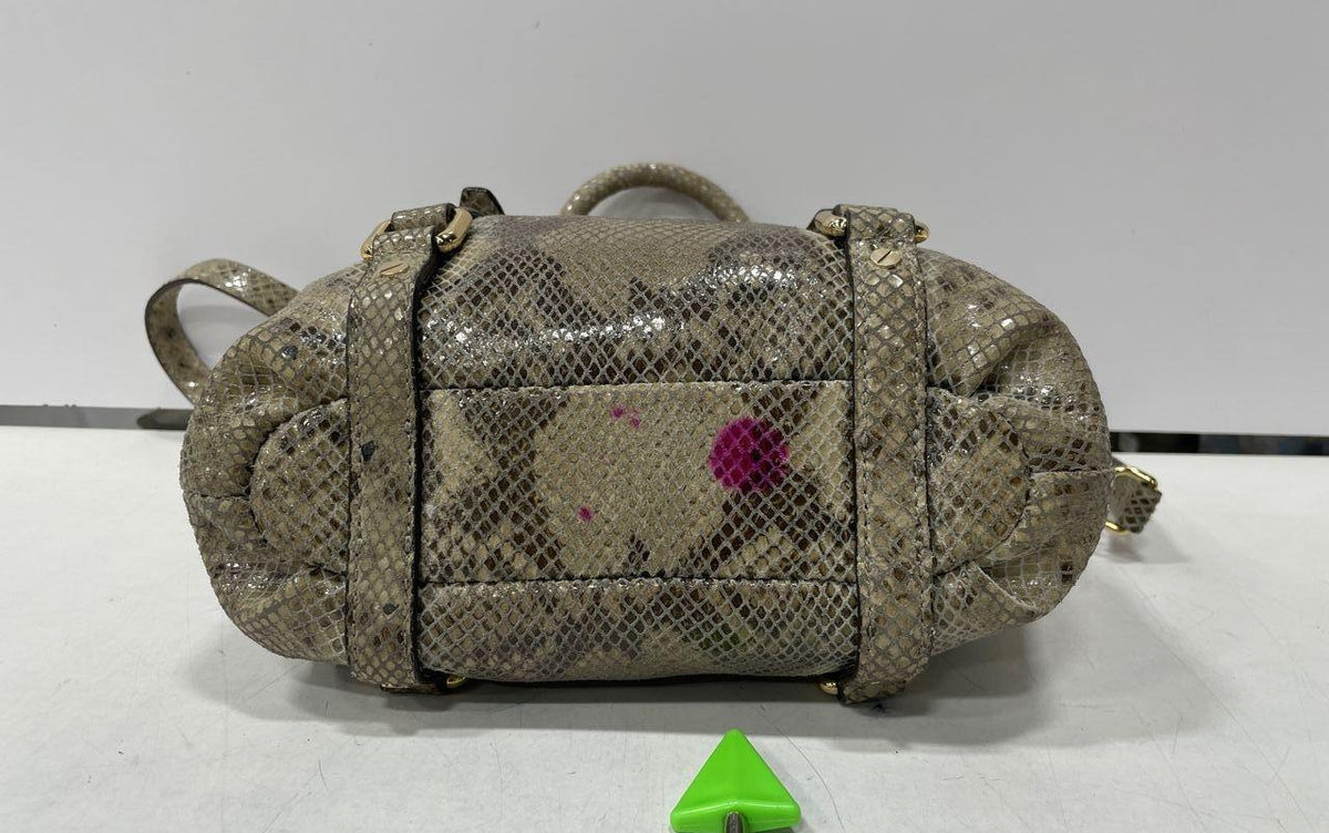 Michael Kors taupe and gray python print satchel with rolled handles and shoulder strap, view 5