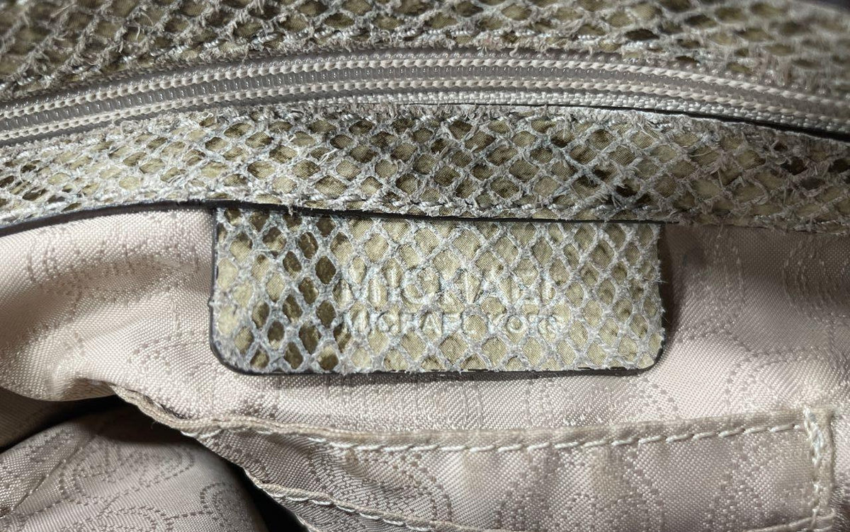 Michael Kors taupe and gray python print satchel with rolled handles and shoulder strap, view 6