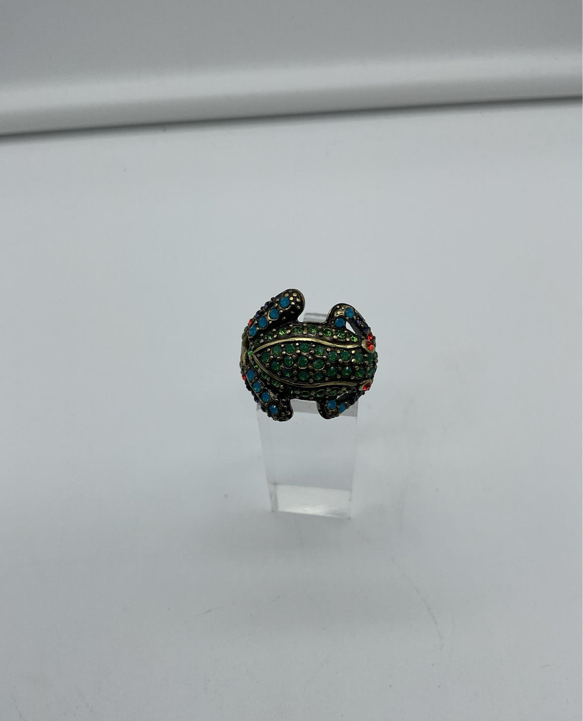 Signed Heidi Daus figural frog cocktail ring encrusted with green crystals, view 2