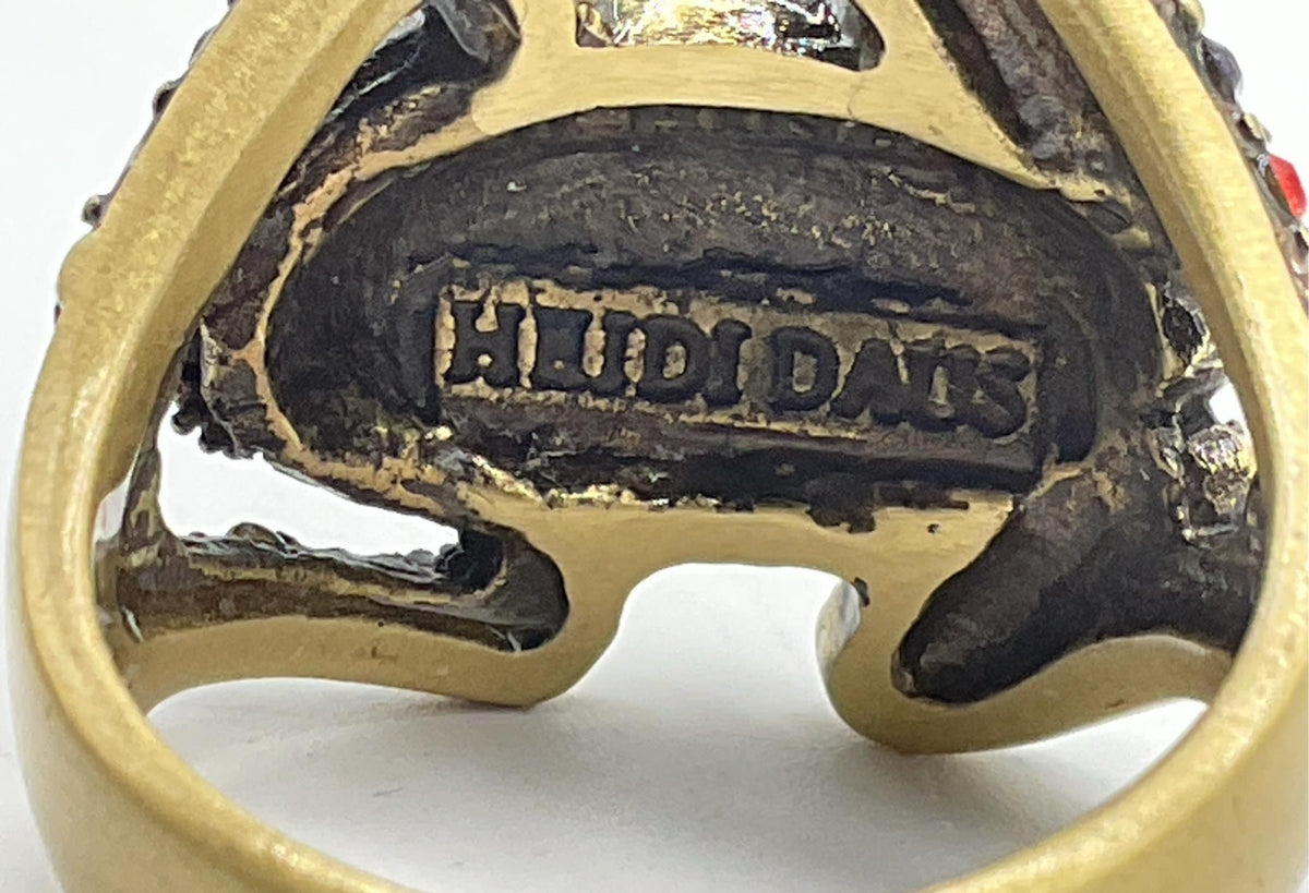 Signed Heidi Daus figural frog cocktail ring encrusted with green crystals, view 4