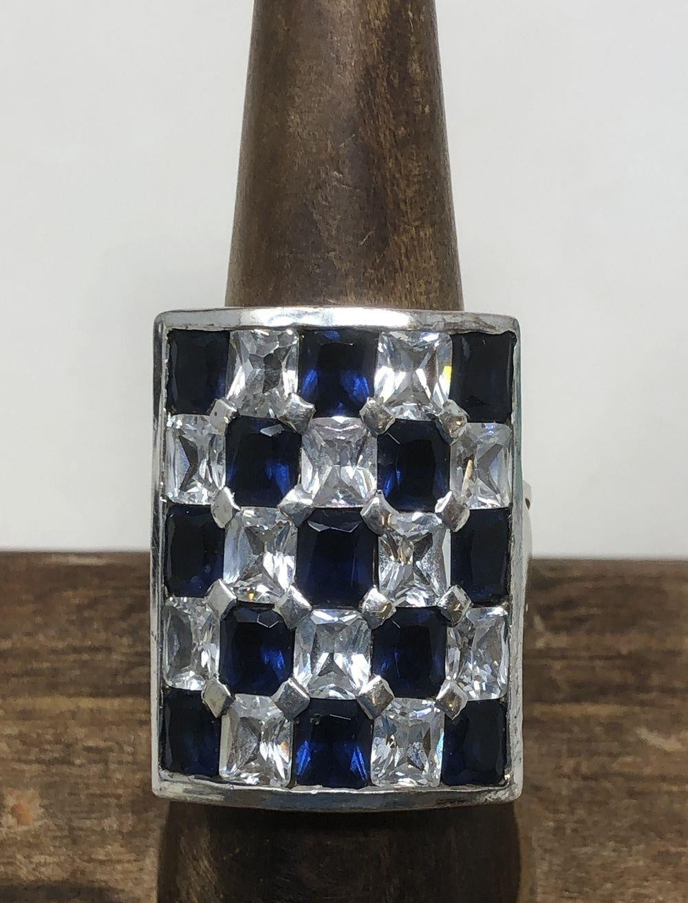14.16g 925 Glass & C.Z. Checker Board Statement Ring - Size 8