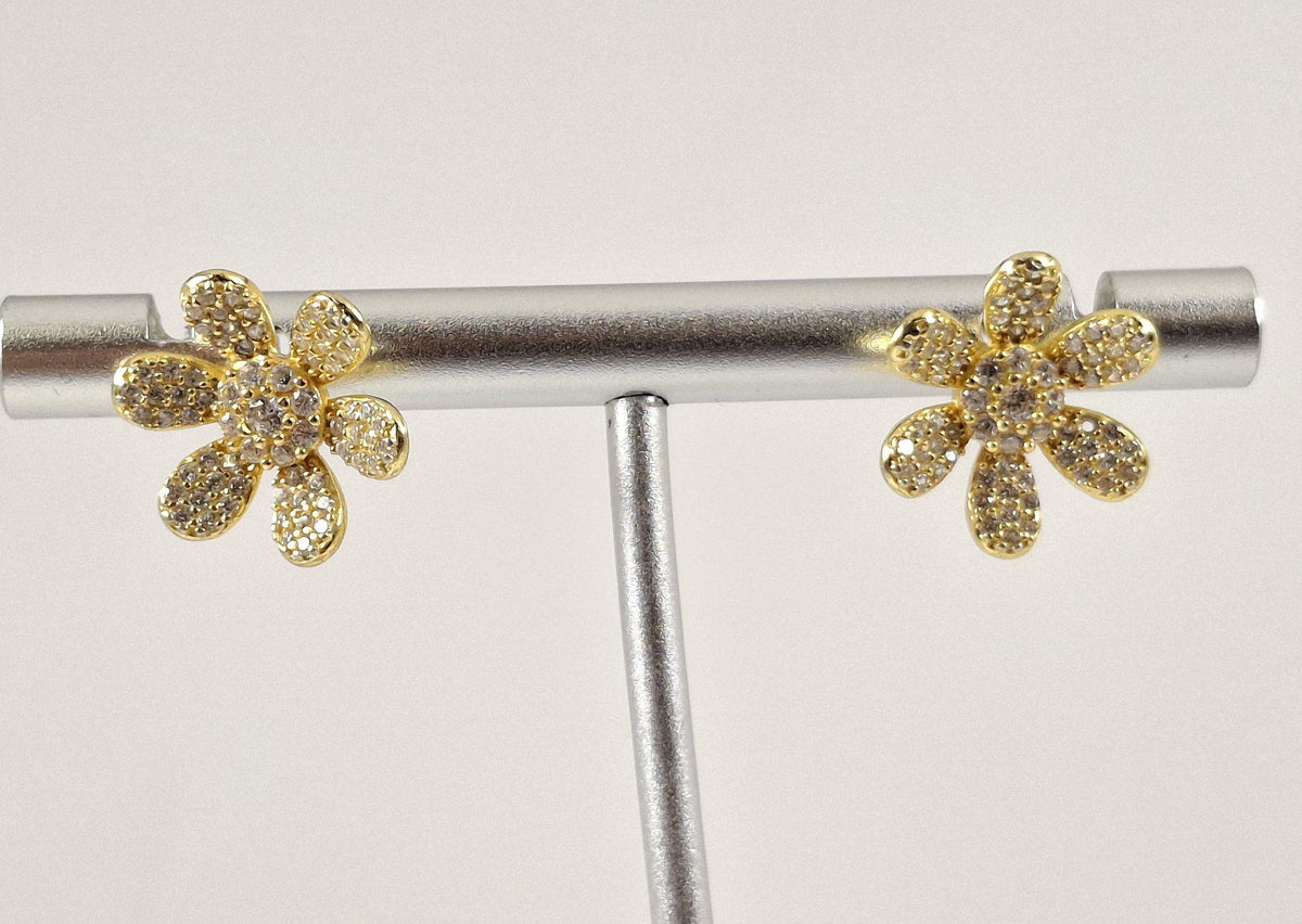 Gold-washed silver blossom post earrings with cubic zirconia, view 2