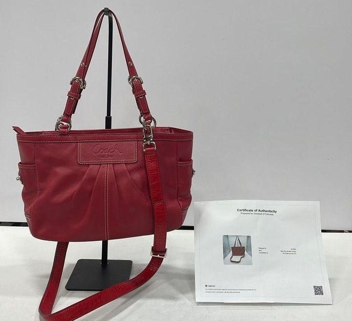 Coach chili red pebbled leather convertible tote with silver-tone buckle handles and ruched center panel, view 2