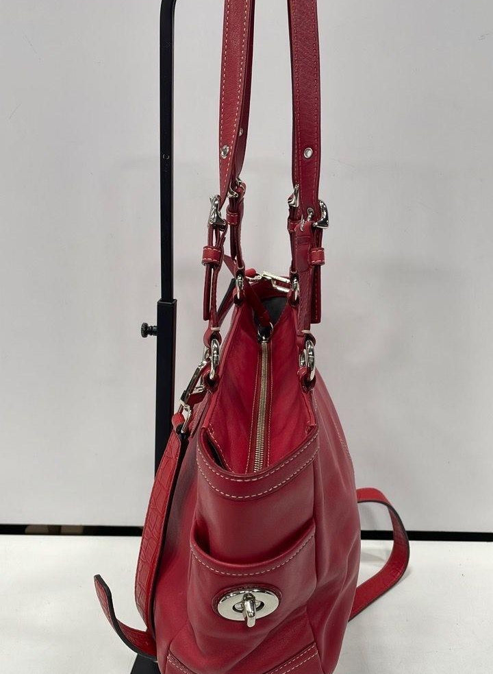 Coach chili red pebbled leather convertible tote with silver-tone buckle handles and ruched center panel, view 4