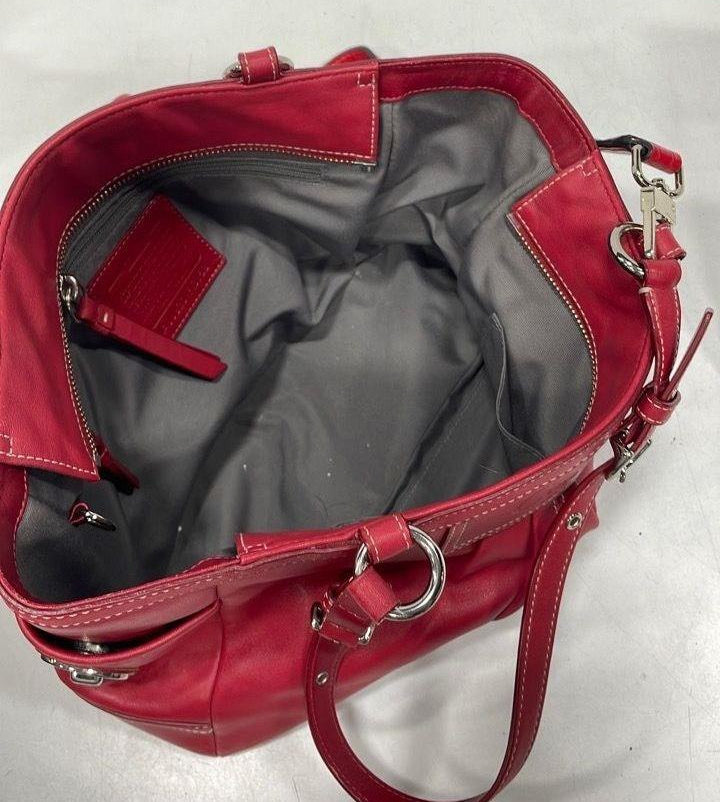 Coach chili red pebbled leather convertible tote with silver-tone buckle handles and ruched center panel, view 6