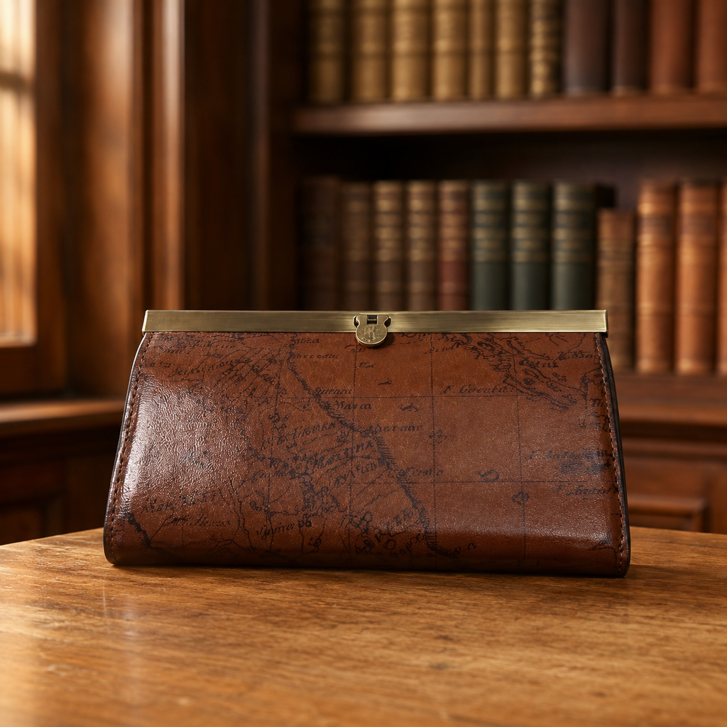 Patricia Nash Rust Map Print Leather Frame Wallet
