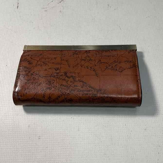 Patricia Nash Rust Map Print Leather Frame Wallet
