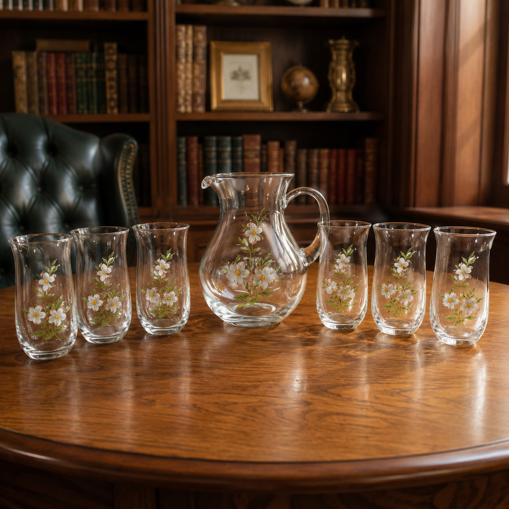 Cristal d'Arques France Floral Pitcher and Six Tumblers