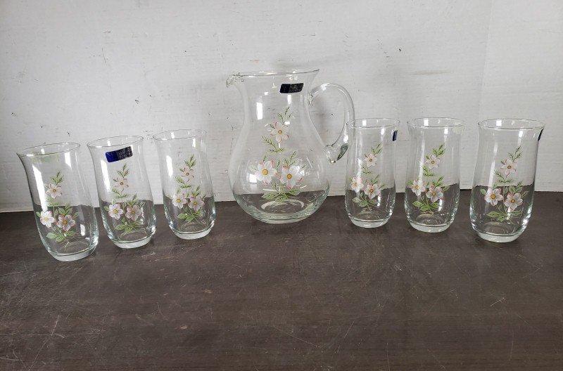 Cristal d'Arques France Floral Pitcher and Six Tumblers