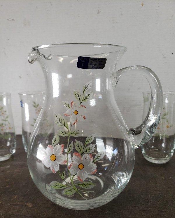 Cristal d'Arques France Floral Pitcher and Six Tumblers